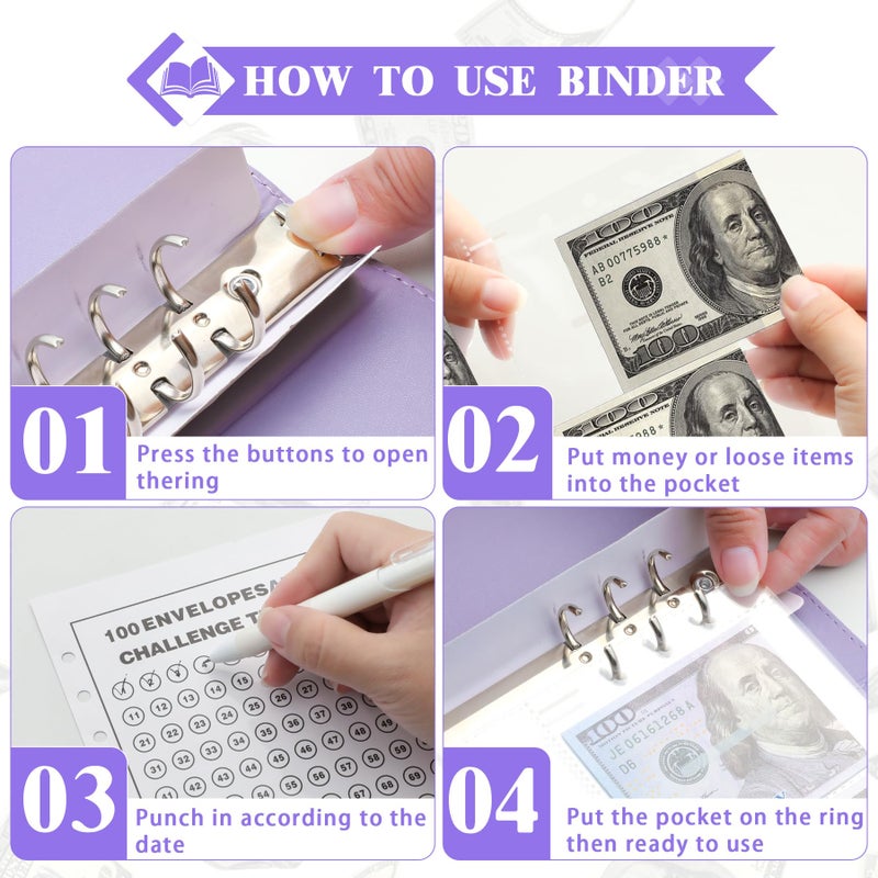 NICOOTH 100 Envelopes Money Saving Challenge Money Saving Binder 100 Envelope Challenge Binder Savings Binder Envelope A5 Savings Challenge Book (Purple) - Image 2